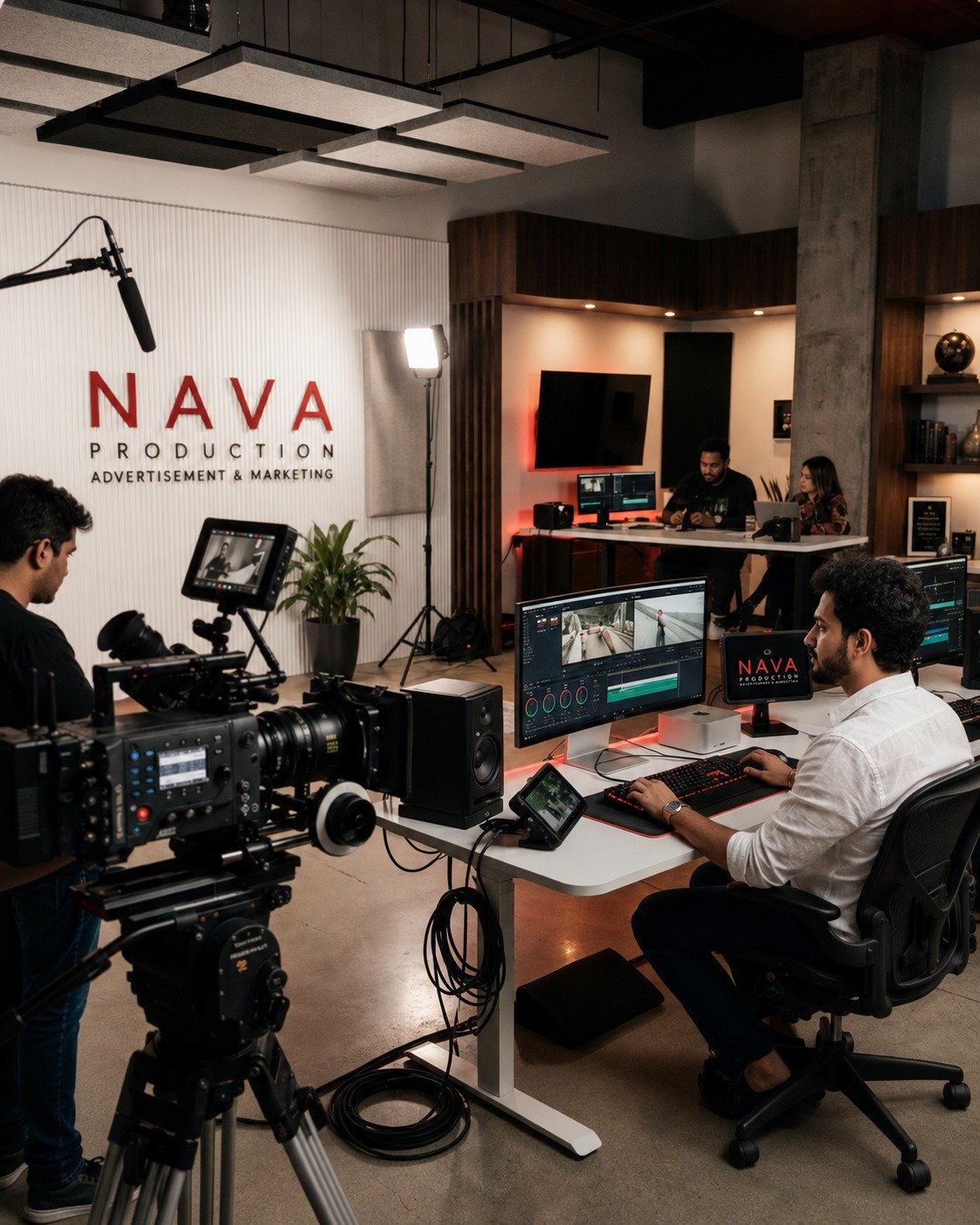 NAVA production crew filming on a cinematic studio set in Coimbatore